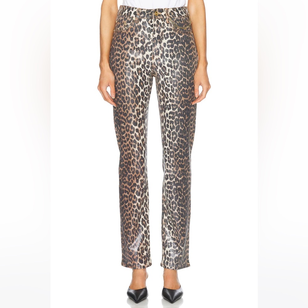 NWT Ganni Coated Leopard Print Jeans with Gold Accents